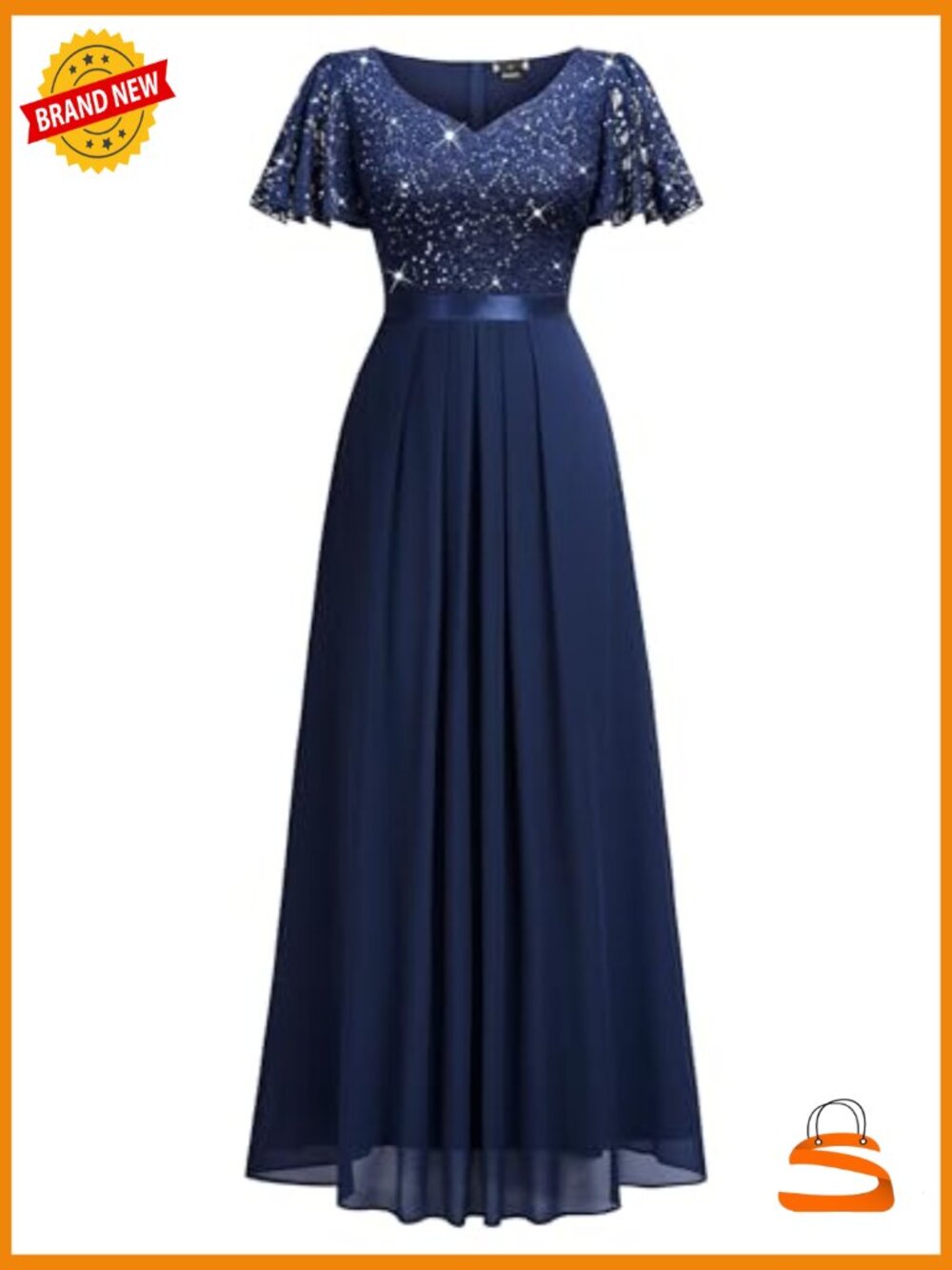 Retro V-Neck Ruffle Sleeve Sequined Lace Bridesmaid Party Maxi Dress - Picture 4 of 6